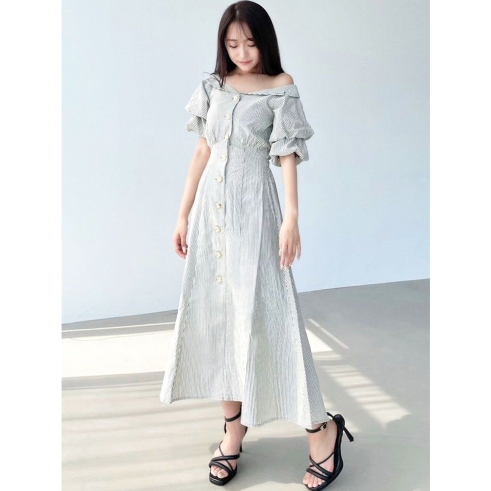 Blue And White Striped Puff Sleeve Off-Shoulder Midi Sundress